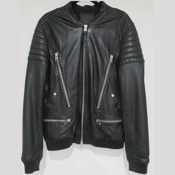 ALL SAINTS MEN'S SANDERSON BLACK LEATHER BOMBER JACKET SIZE XL - Picture 3 of 13
